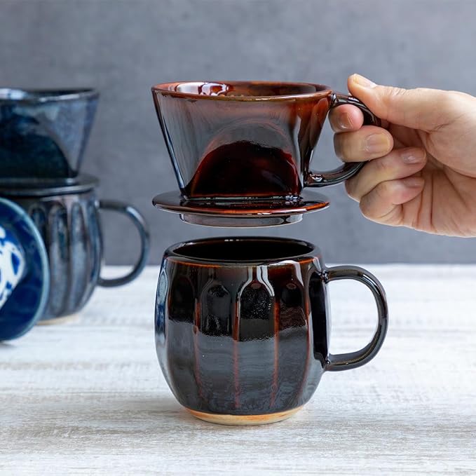 Asayu Japan Ceramic Coffee Pour Over Maker Set in Chocolate Brown Slow Brewing Paper Filter Holder and Dripper with 3 Holes for Coffee and Tea (Accessory Ceramic Mug)