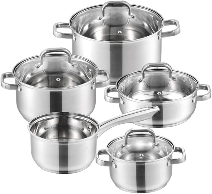 Cookware Set Stainless Steel 9-Piece Kitchen Cooking Pot&ampPan Set Non Stick Frying Pan Saucepan Casserole Glass Lid(