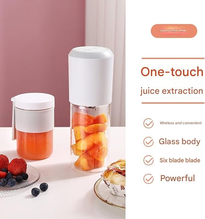 400ml glass juicer | 1500mAh long battery life 40s fresh juice | 304 steel blade with six blades for crushing ice | portable for home office and outdoor use (White2)