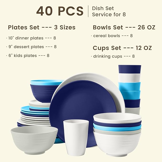 Homienly 40 PCS Wheat Straw Plates and Bowls Sets Cups Sets Service for 8 Unbreakable Microwave and Dishwasher Safe Dinnerware SetsReusbale Plastic Dishes Set - Island Matte