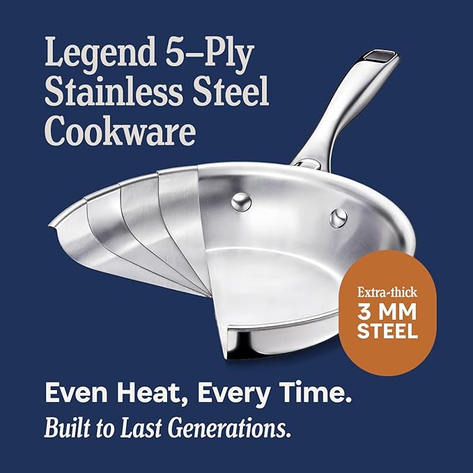 LEGEND COOKWARE 5-Ply Stainless Steel Cookware Set 12-Piece Pots and Pans Set - Induction Compatible Oven Safe 800°F - Non-Toxic No Coatings - Built to Last Generations