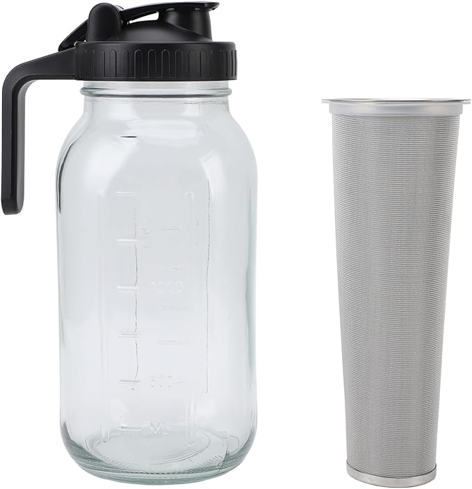 Cold Brew Coffee Maker Jar Stainless Steel Filter Thick Glass Iced Coffee Pitcher Spout Lid Handle Working Home (2000ml)