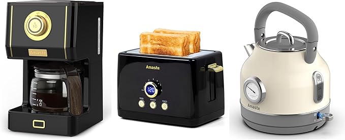 Amaste Black Coffee Maker &amp Black Toaster &amp White Retro Electric Kettle Set