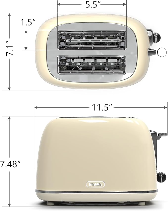 Toaster 2 slice KitchMix Retro Stainless Steel Toaster with 6 Settings 1.5 In Extra Wide Slots Bagel/Defrost/Cancel Function Removable Crumb Tray (Cream)