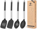 Pack of 4 Silicone Cooking Utensils Set Non Stick Large Solid Spatulas Heat Resistant Black Slotted Spoons Ideal BPA Free Kitchen Turners for Frying MixingServingDrainingTurningStirring