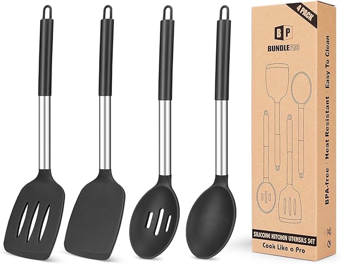 Pack of 4 Silicone Cooking Utensils Set Non Stick Large Solid Spatulas Heat Resistant Black Slotted Spoons Ideal BPA Free Kitchen Turners for Frying MixingServingDrainingTurningStirring