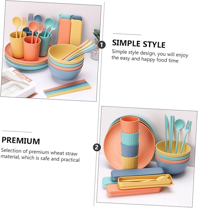 Healifty 4Sets Portable Wheat Straw Cutlery Set Dinnerware for Cereal Soup and Salad Microwavable Kitchen Supplies Creative Tableware for Quick Meals