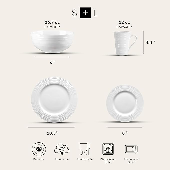 Stone lain Bone China Round Swirl Design 32 Piece Dinnerware Set White