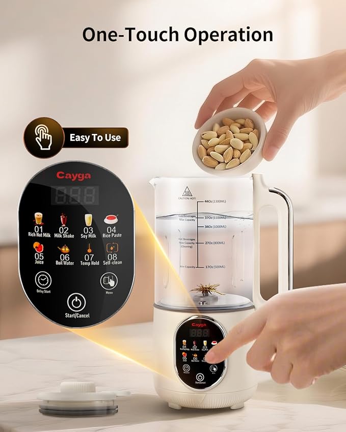 44oz Homemade Nut Milk Maker Machine Soy Milk Maker Homemade Almond Oat Juice Coconut for Plant-Based Drinks with Self Clean Boil Water Delay Start Keep Warm 12-Hour Smart Timer