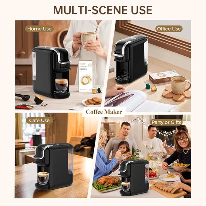 4-in-1 Pods Coffee Maker 19Bar Compact Design Fast Brew Hot/Cold Single Serve Espresso Machine for K Cup PodsNes Original/DG Capsule and Ground Coffee at Home or Office (Black)