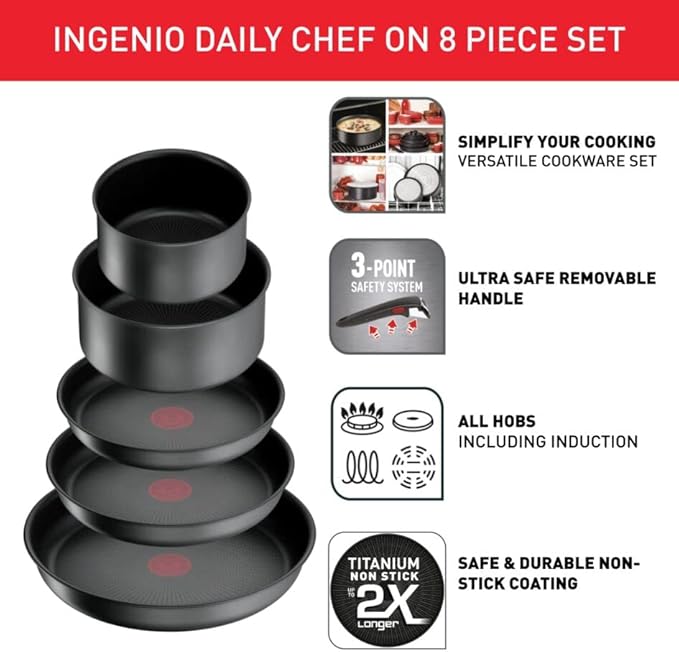 Tefal Ingenio Daily Chef ON 8 piece Non-Stick Induction Pan Set 22&amp24&amp28cm Frypans 16&amp20cm Saucepans 16&amp20cm Hermetic Lids Bakelite Removable Handle Grey L7619202