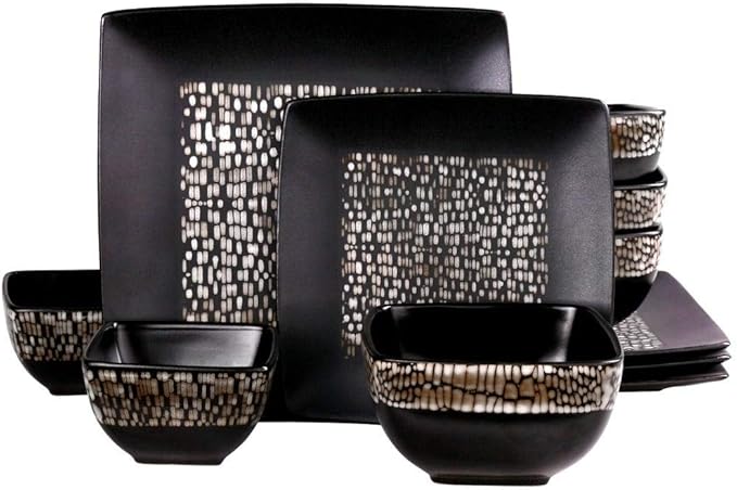 16 Piece Luxurious Square Double Bowl Highly Durable Stoneware Dinnerware Sets Traditional Animal Pattern High Gloss Texture Black Dish Set Dishwasher Safe Lightweight Unbreakable Service for 4