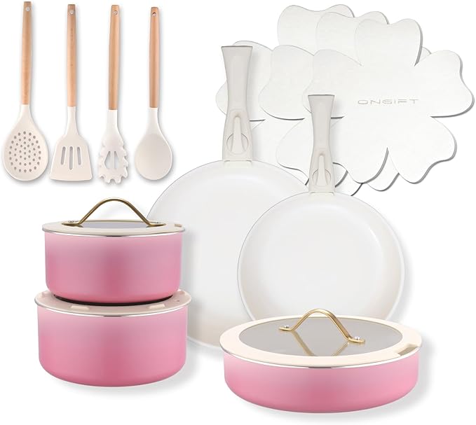 20pcs Ceramic Cookware Set Nonstick Detachable Handle Pots and Pans Set Non ToxicNo PFAS &amp PTFE &amp PFOA Dishwasher/Oven Safe RV Kitchen Set Removable Handle for Cooking Pink