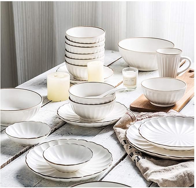 Dinner SetCeramics Dinner Sets45 Pieces Petal Design Matte Porcelain Dinnerware Set Cereals Bowl &amp Mug &amp Plate for Wedding Gifts and Family PartyA~White