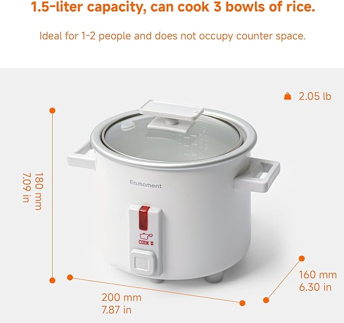 Small Rice Cooker White 1.5 Quart Mini Non-Stick Coated Insert Food Steamer and Dishwasher-Safe Glass Lid and Pot White