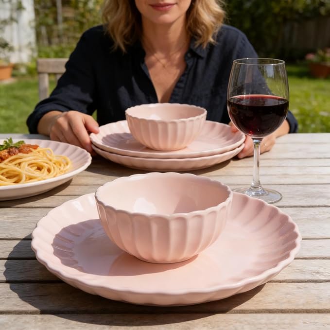 wocaxc16-Pieces Stoneware Dinnerware Set Kitchen Dinnerware Ceramic Crockery Set Dinner Service Set for 4 Include Dinner Plate Dessert Plate Cereal Bowl and Mug. (pink)
