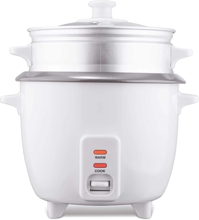 Electric Rice Cooker and Steamer – 4 5 8 or 15 Cup Non-Stick Rice Maker with Food Steamer Tray – One-Touch Operation Keep Warm Function Glass Lid White (5 Cup)