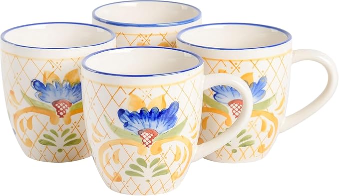 12-Piece Round Stoneware Dinnerware Set – Hand-Painted Plates and Bowls with Tile Design Microwave &amp Dishwasher Safe – Colorful Ceramic Dishes for 4 (Blue)