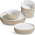 Stoneware Dinnerware Set for 4(12Pcs) – Microwave &amp Dishwasher Safe Plates and Bowls with Reactive Glaze – Rustic Farmhouse Modern Design for Everyday Dining Wedding &amp Outdoor - Light Beige