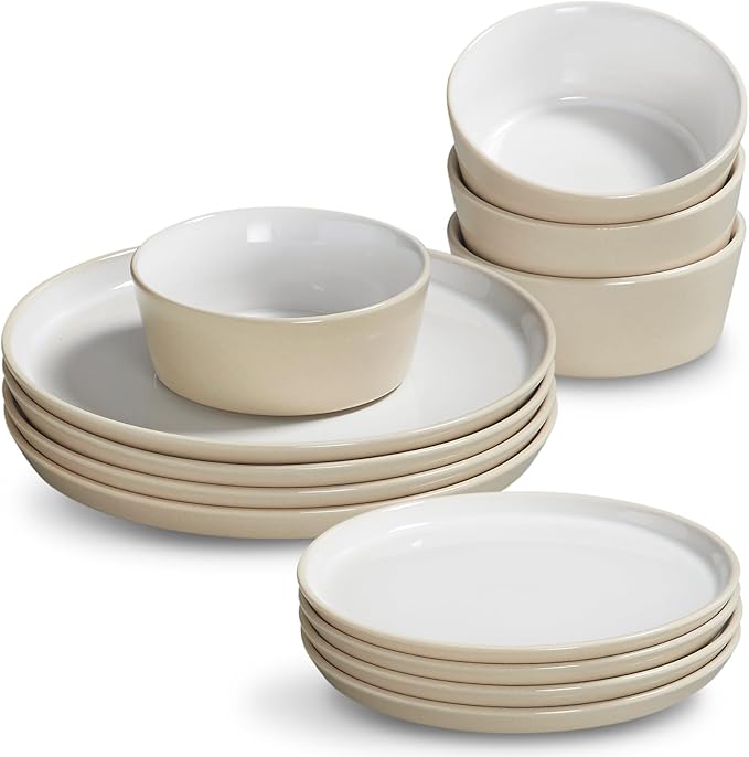 Stoneware Dinnerware Set for 4(12Pcs) – Microwave &amp Dishwasher Safe Plates and Bowls with Reactive Glaze – Rustic Farmhouse Modern Design for Everyday Dining Wedding &amp Outdoor - Light Beige
