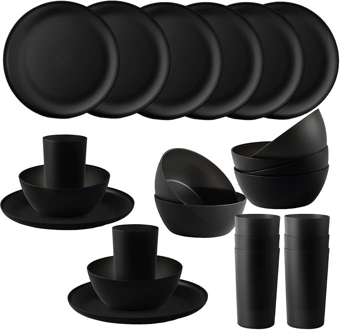 24pcs Dinnerware SetsPlates and Bowls SetsDishes Set for 8Unbreakable Modern Dish SetsReusable Dinning SetDishware Sets for KitchenParty or Picnic Dishwasher SafeBlackBPA free