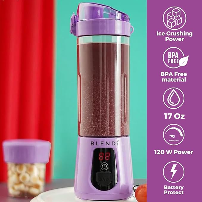 BLENDi Pro+ Portable Blender (17.5oz Purple) – Powerful Ice Crushing 120W Motor USB-C Rechargeable Cordless Personal Blender Smoothies Shakes &amp More – BPA-Free Self-Cleaning Travel-Friendly