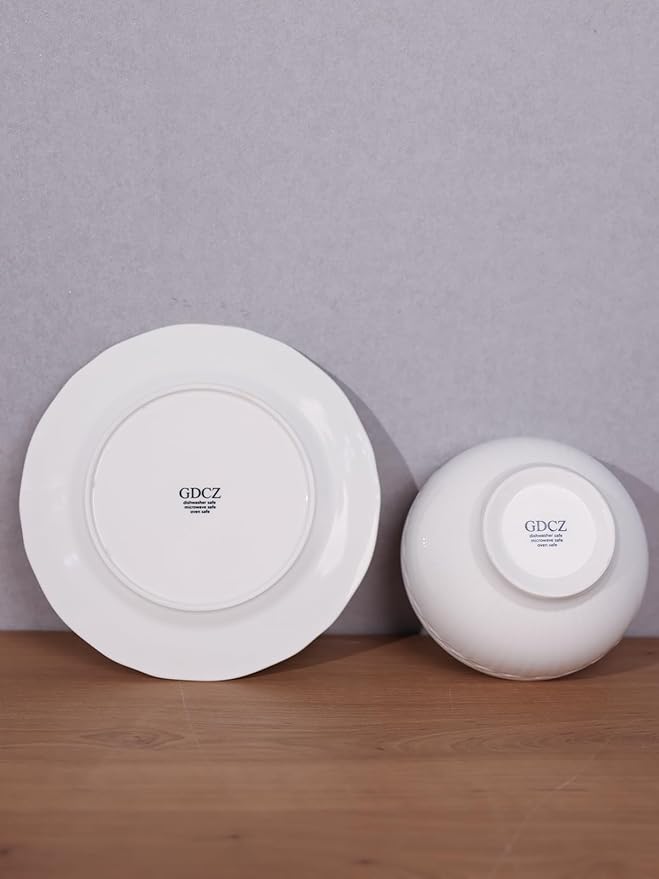 GDCZ 3-Piece Dinnerware Set Round Plates and Bowls Set Microwave &amp Dishwasher Safe Easy Clean White