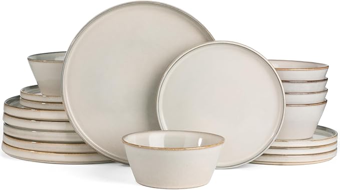 Famiware Annecy Dinner Plates and Bowls Sets Stoneware Dinnerware Sets Dishes Set for 6 18 Pieces Handmade Dishware Set - Microwave &amp Dishwasher Safe Double Reactive Glaze Tableware Grey-Whit