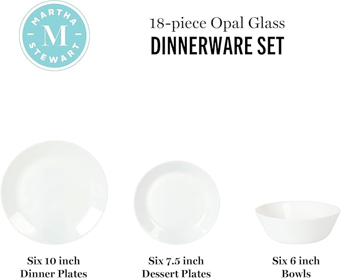 Martha Stewart Opalton 18-Piece Dinnerware Set – Chip and Break Resistant Opal Glass Plates and Bowls Lightweight White Dinner Set for 6 Microwave and Dishwasher Safe