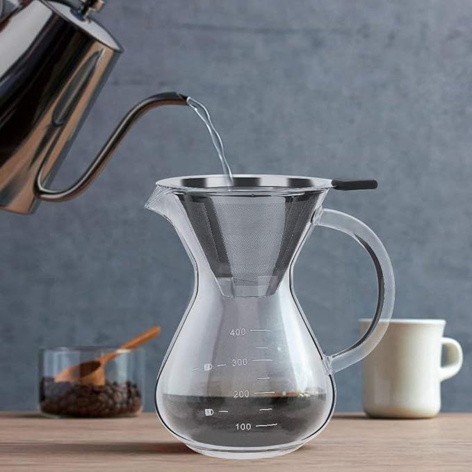 Pour over Coffee Maker 400ml Glass Hand Drip Coffee Filter Pot with Scale for Office Home Kitchen Table