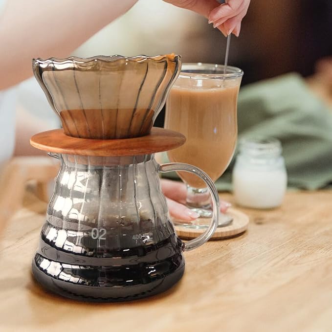 SOTECH Pour Over Coffee Maker Set with Black Gooseneck Kettle Wooden Pad Holder Coffee Dripper Server DIY Manual Portable Coffee Maker Set