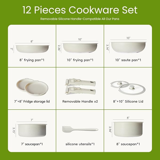 12-Piece Ceramic Non-Stick Cookware Set Includes Spatula &amp Detachable Handles Versatile Pots and Pans Set for Frying Sautéing Stewing Beige Ceramic Coated Cookware Set