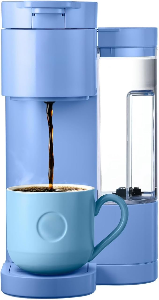 Express Essentials Single-Serve KCup Pod Coffee Maker 3 Cup Sizes Fast Fresh Brew 30oz Removable Water Reservoir Travel Mug Friendly Maintenance Alert Space-Saving (Blue)