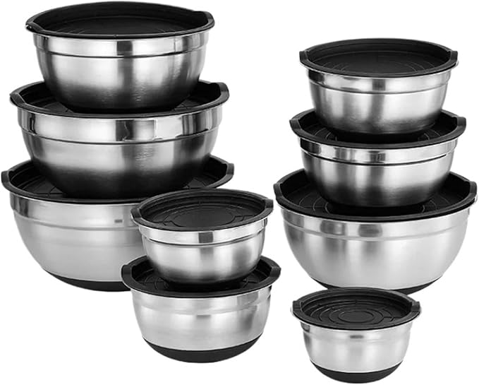 1/6PCS Silicone Bottom Thickened With Lid Cooking Basin Stainless Steel Egg Beating Salad Mixing Kitchen Baking(18 cm)
