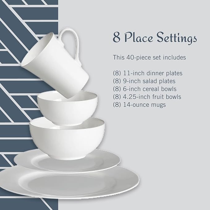 Mikasa Delray 40-Piece White Dinnerware Set Service for 8 Durable Porcelain Plates Bowls and Mugs Dishwasher and Microwave Safe