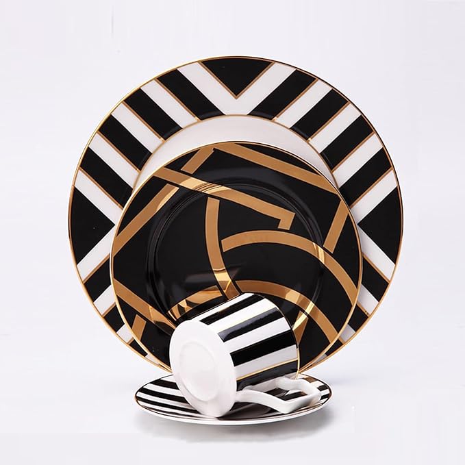 European Style Dinnerware Set Service for 4 Bone China Dinnerware Sets Unbreakable Porcelain Dinner Sets Coffee Cup and Saucer Tableware Set Steak Dinner Plates Dish Set Black and gold