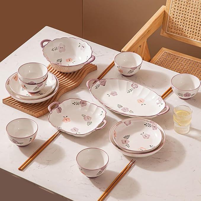 Modern Dinnerware Set Ceramic Plate And Bowl Set Serves 4-10 Purple Floral Dinnerware Set Dinner Salad Dessert Plate And Cereal Bowl SetA