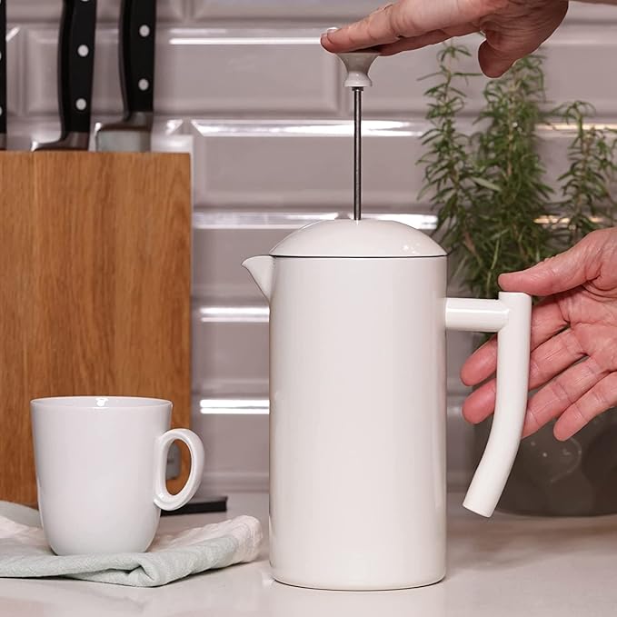 Frieling Double-Walled Stainless Steel French Press Coffee Maker Snow White 34 Ounce Plus 18/10 Stainless Steel Coffee Scoop/Stirrer 2 TBLS