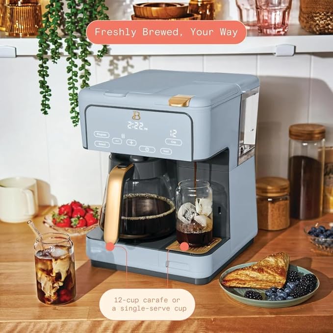 Beautiful Multi-Brew Commercial-Grade 12-Cup &amp Single-Serve Coffee Maker with Over Ice Option for Business and Personal Use by Drew Barrymore (Cornflower Blue)