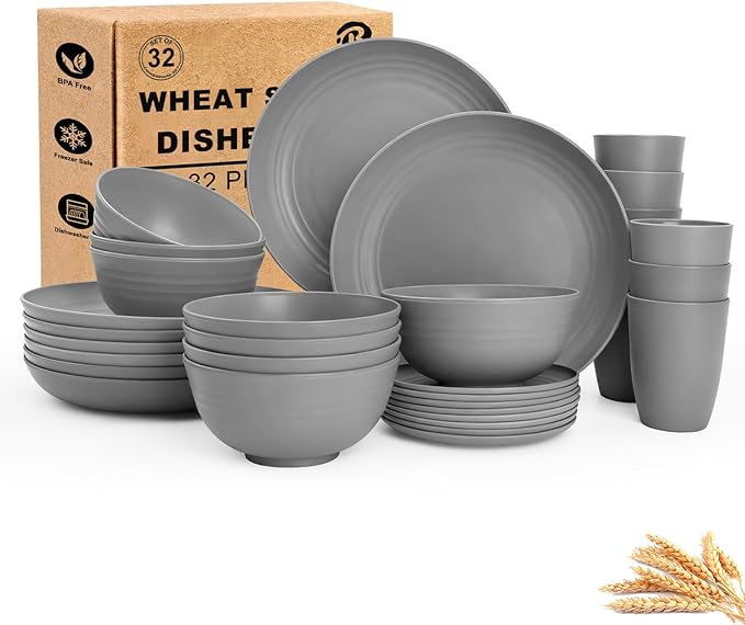 Wheat Straw Dinnerware Set 32 PCS Dinner PlatesDessert Plates Drinking Glasses Wheat Straw Bowls Set Microwave and Dishwasher Safe Dishes Set for 8 for Outdoor Camping Picnic - Grey