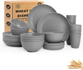 Wheat Straw Dinnerware Set 32 PCS Dinner PlatesDessert Plates Drinking Glasses Wheat Straw Bowls Set Microwave and Dishwasher Safe Dishes Set for 8 for Outdoor Camping Picnic - Grey
