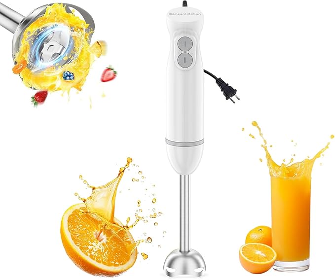 Bonsenkitchen Immersion Hand Blender 2-Speed Electric Stick Mixer Portable Blender for Smoothies Soup &amp Baby Food with Stainless Steel Blades Easy Clean White