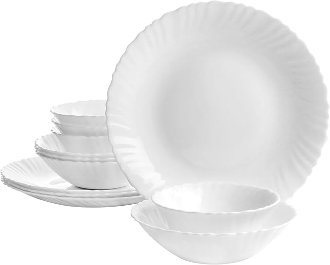 12 Piece White Opal Glass Dinnerware Set – Break-Resistant Plates and Bowls Chip Resistant Service for 4 Dishwasher &amp Microwave Safe