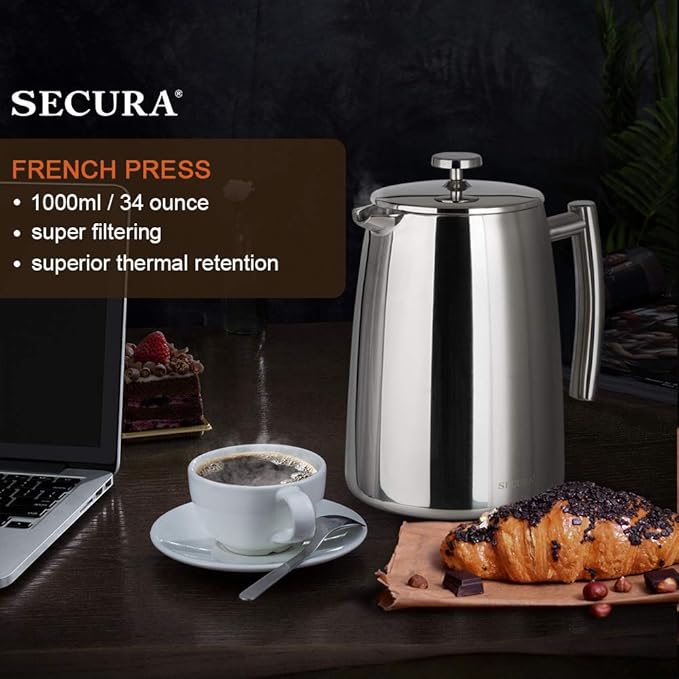 Secura French Press Coffee Maker 34-Ounce 304 Stainless Steel Insulated Coffee Press with Extra Screen