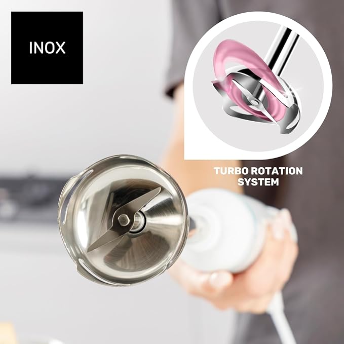Taurus – 1000 Stainless Steel Robot Hand Blender | 2 Speeds + Turbo | Stainless Steel Blades | Splash Proof Bell | Ergonomic | BPA Free Dishwasher Safe White