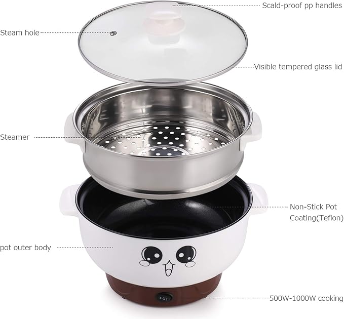 Electric Skillet 4-in-1 Multifunctional Electric Cooker Skillet Grill Pot for Cooking Rice Hotpot Soup Steam Eggs Fried Noodles Small Kitchen Cooker Non-Stick (3.6L with Steamer)