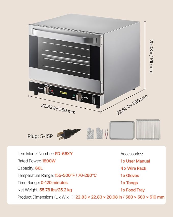 VEVOR Commercial Convection Oven 66L/60Qt Half-Size Conventional Oven Countertop 1800W 4-Tier Toaster w/Front Glass Door w/Trays Wire Racks Clip Gloves 120V