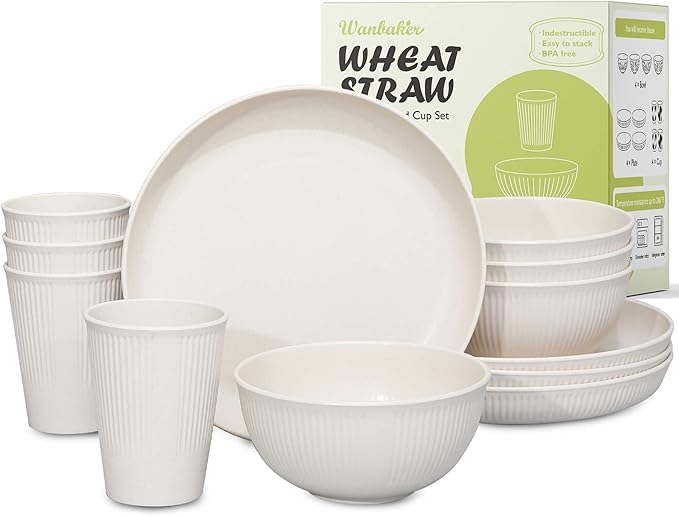 12pcs Wheat Straw Dinnerware Sets Kitchen Unbreakable Wheat Straw Plates and Bowls Sets for College Dorm Apartment Reusable Beige