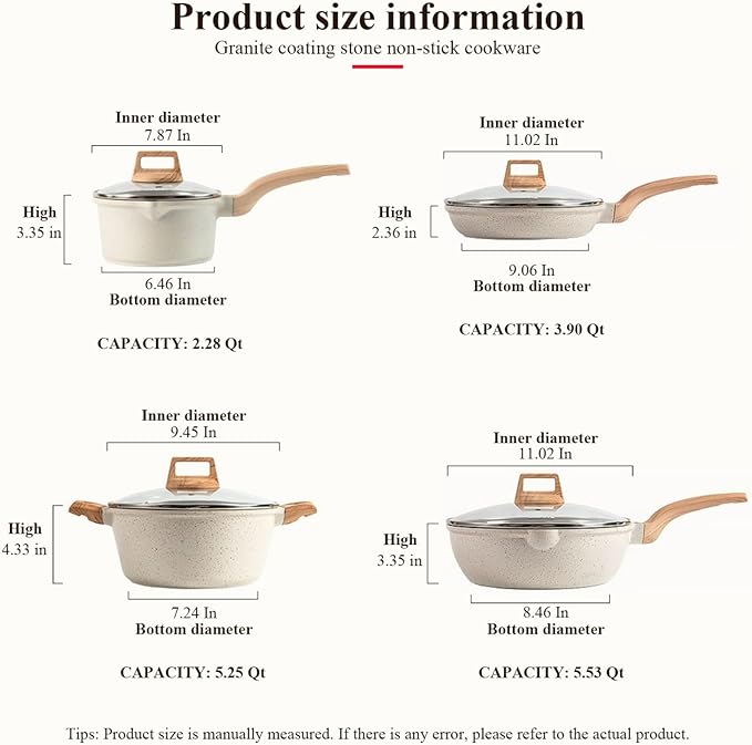 13 pcs Pots and Pans Set Nonstick Cookware Sets White granite Induction Cookware Non Stick Cooking Set Frying Pans &amp Saucepans PFOS PFOA Free (13 PCS)