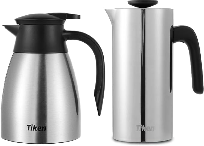 Tiken 34 Oz (1 L) Stainless Steel Thermal Coffee Carafe and French Press Coffee Maker Silver